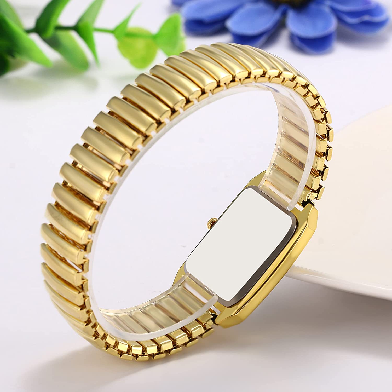 JewelryWe Women's Ultra Thin Easy Reader Watch with Elastic Strap, Golden/Silver Watch - Image 4